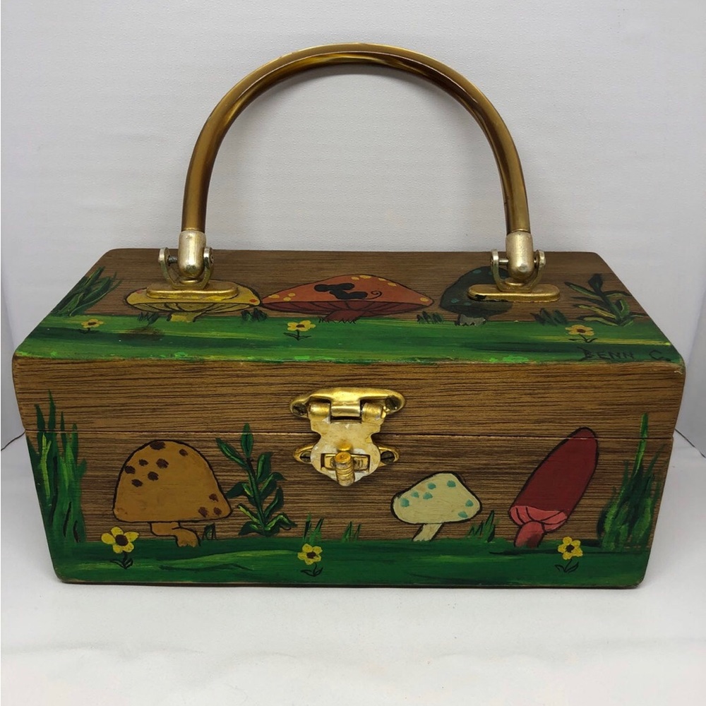 Vintage Wooden Hand-Painted Mushrooms Kitschy Purse with Lucite Handle